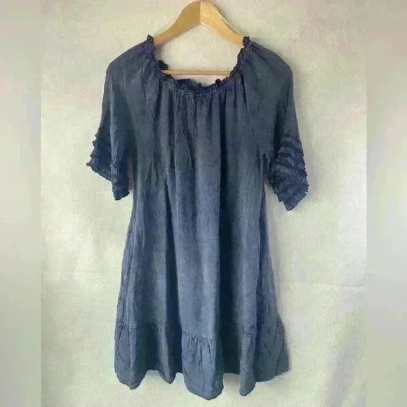 CATO Blue Denim 3/4 Ruffle Sleeve Scoop Ruffle Neck Baby Doll Mini Dress Size XS - Picture 1 of 15